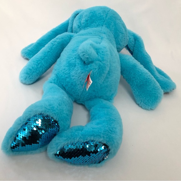 Gitzy Bunny Rabbit Plushy Stuffed Animal Blue Sequins Ears Feet Soft Toy 18”. - Picture 4 of 13